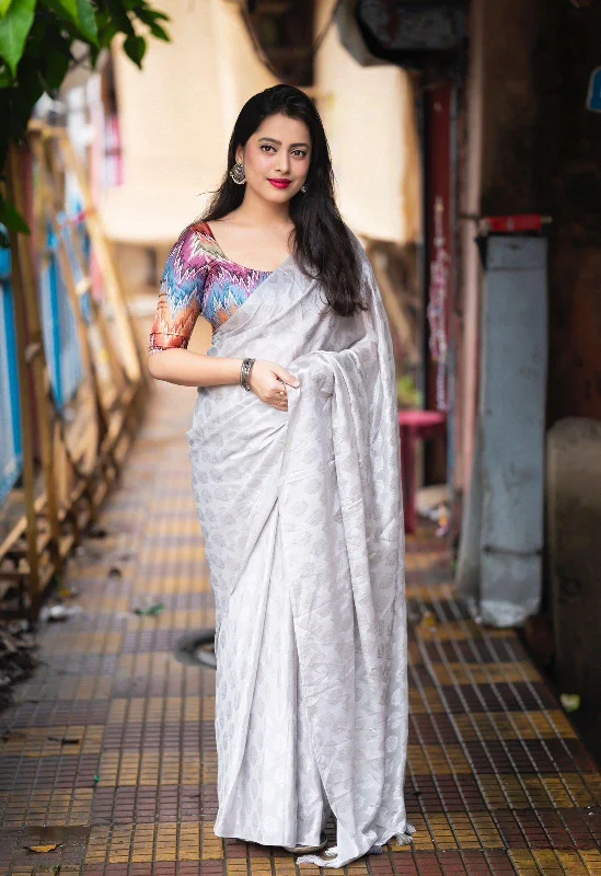 Grey Poly Crepe Ethnic Motifs Saree with Unstitched Blouse - A2M Elegant Peplum Blouse Grey Poly Crepe Ethnic Motifs Saree with Unstitched Blouse - A2M Elegant Peplum Blouse
