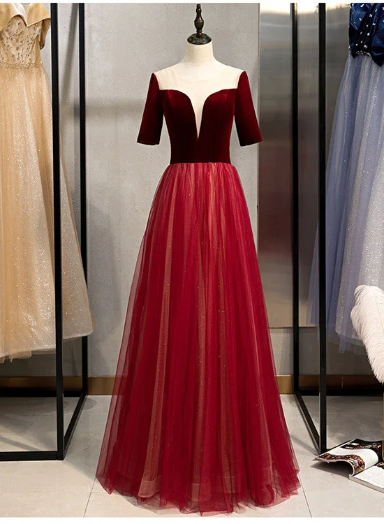 Sexy Wine Red Long Party Dress, A-line Long Formal Gown Tunics Plaid country