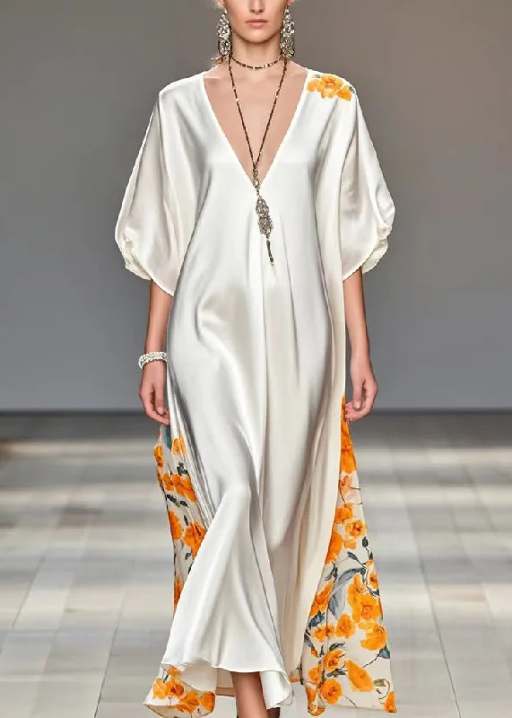 Boho White V Neck Patchwork Print Silk Party Dress Summer Tunics Wedding white