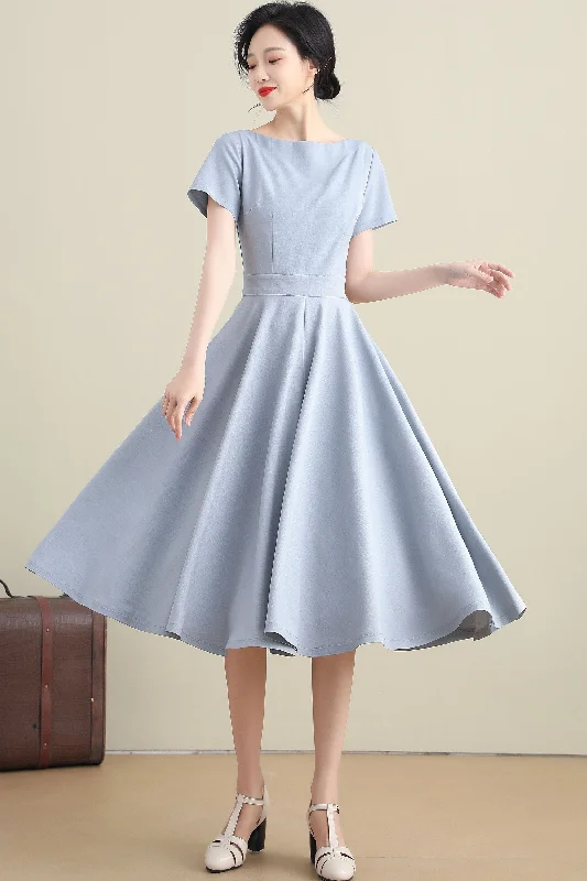 1950s Retro Midi Light Blue Swing Dress 3273 empire Waist empire