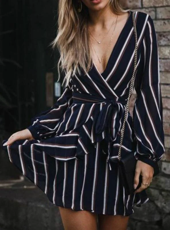 Lantern Sleeve Casual Striped V-Neck Dress Tunics Custom made