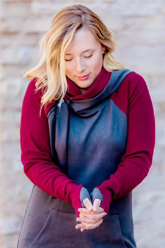 Michelle Mae Double Hoodie - Burgundy & Charcoal Gray Hoodie with Metallic Shiny Futuristic Michelle Mae Double Hoodie - Burgundy & Charcoal Gray Hoodie with Metallic Shiny Futuristic