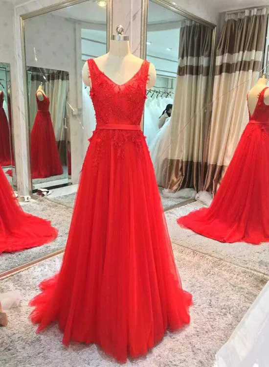 Red V-neckline Tulle Long Party Gown, Red Formal Dress , Party Dress Tunics Corduroy durable Red V-neckline Tulle Long Party Gown, Red Formal Dress , Party Dress Tunics Corduroy durable