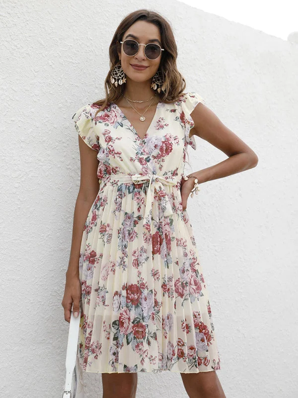 European station elegant casual V-neck waist tie floral print dress Tunics Modern contemporary