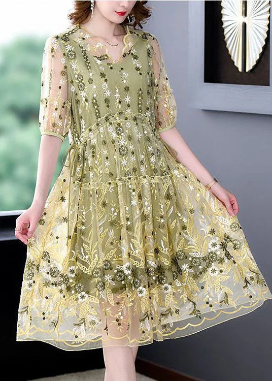 Plus Size Yellow Ruffled Embroideried Tulle Party Dress Summer Tunics Yoga stretchy
