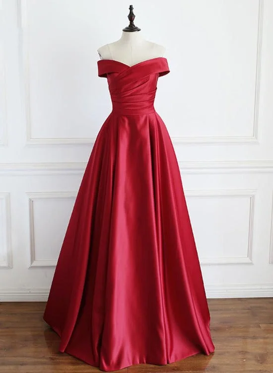 Wine Red Satin Floor Length Party Dress, A-line Off Shoulder Prom Dress Tunics Lace romantic Wine Red Satin Floor Length Party Dress, A-line Off Shoulder Prom Dress Tunics Lace romantic
