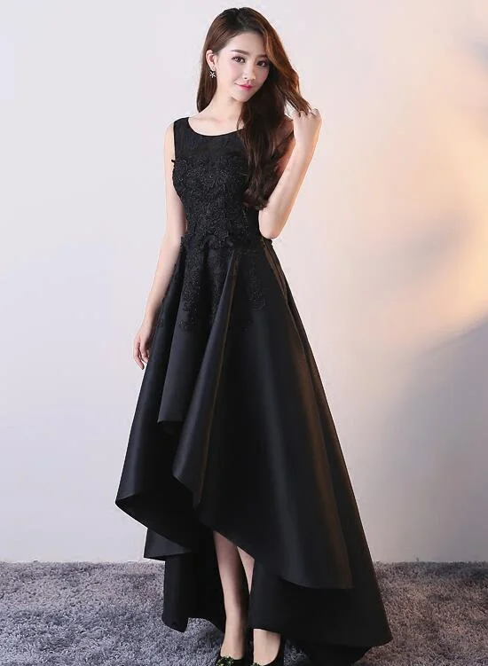 Beautiful Black Satin and Lace High Low Round Party Dress, Black Formal Dress Off-the-shoulder Bohemian Festive Beautiful Black Satin and Lace High Low Round Party Dress, Black Formal Dress Off-the-shoulder Bohemian Festive