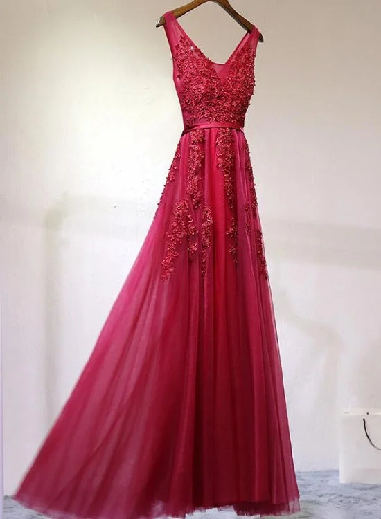 Fashionable Wine Red V Back Tulle Long Party Dress, A-line Prom Dress Tunics Spring floral Fashionable Wine Red V Back Tulle Long Party Dress, A-line Prom Dress Tunics Spring floral