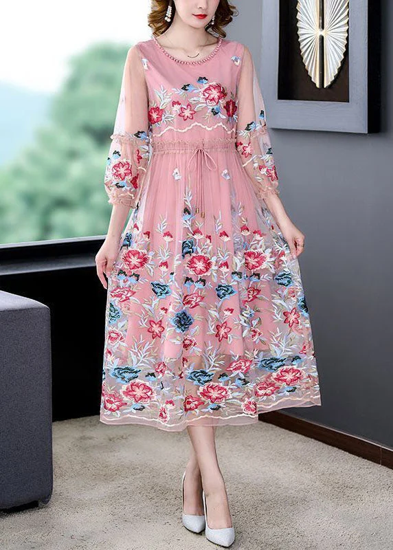 Beautiful Pink Embroideried Tie Waist Hollow Out Tulle Party Dress Summer Tunics Running lightweight Beautiful Pink Embroideried Tie Waist Hollow Out Tulle Party Dress Summer Tunics Running lightweight