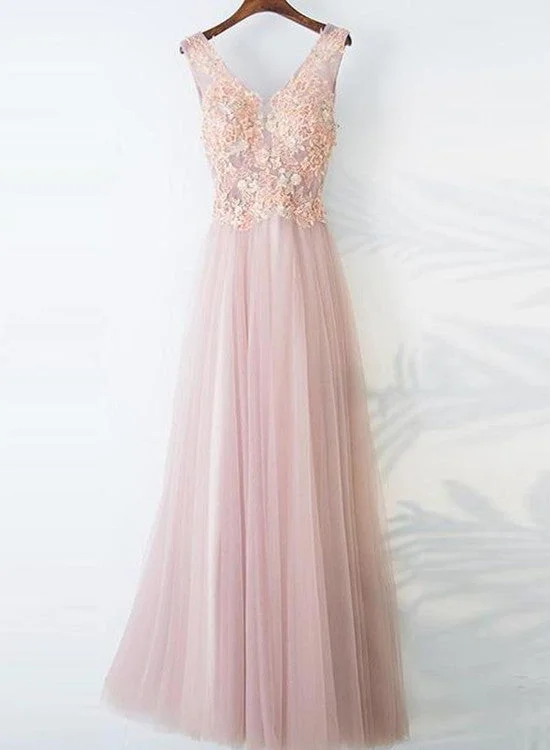 Light Pink V-neckline Formal Dress , Flower Lace Applique Long Party Dress Square Neckline Feminine