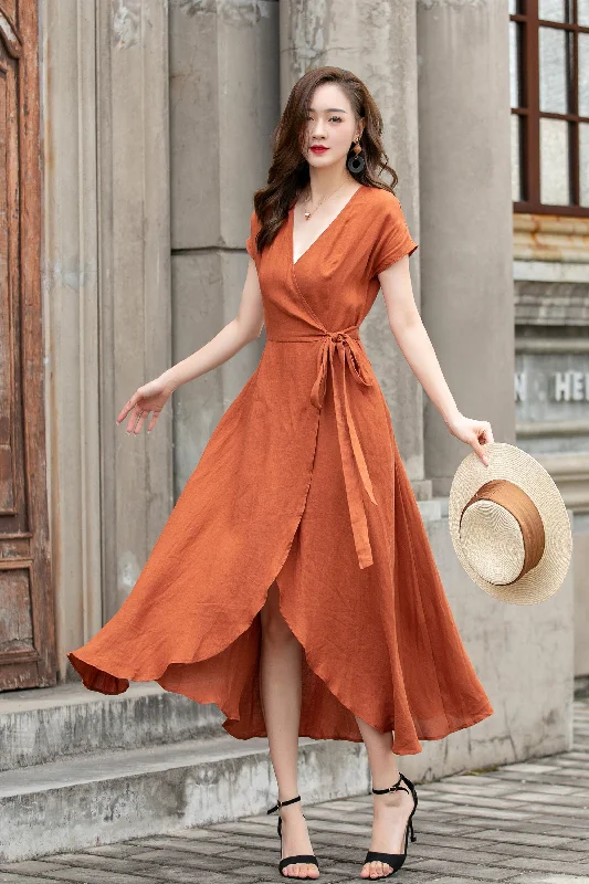 Summer midi wrap linen dress women 4287 Tunics Occasion special