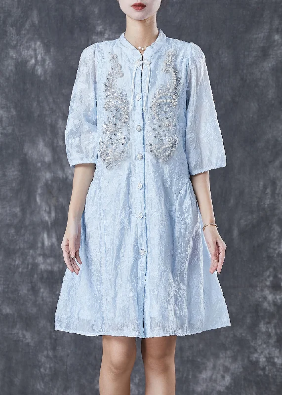 Lake Blue Cotton Party Dress Nail Bead Chinese Button Summer Mermaid Tail Wedding