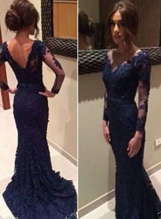 Charming Long Sleeves Lace Mermaid Prom Dresses,V Neck Navy Blue Wedding Party Dresses Tunics Print Colorful Charming Long Sleeves Lace Mermaid Prom Dresses,V Neck Navy Blue Wedding Party Dresses Tunics Print Colorful