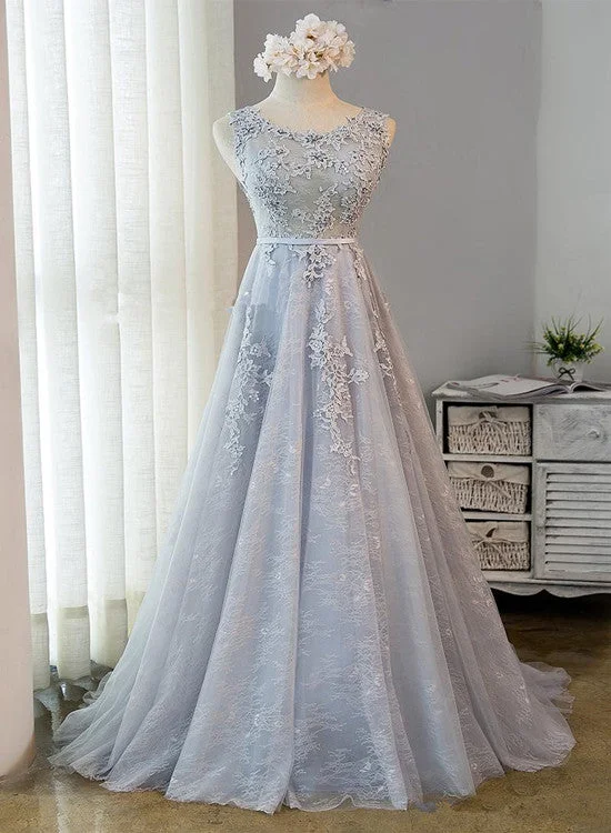 Beautiful Light Grey Tulle Backless Long Party Dress, A-line Junior Prom Dress Tunics Designer luxury Beautiful Light Grey Tulle Backless Long Party Dress, A-line Junior Prom Dress Tunics Designer luxury