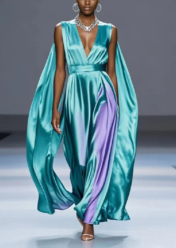 Fashion Green V Neck Tie Dye Silk Party Dress Summer Mermaid Tail Wedding
