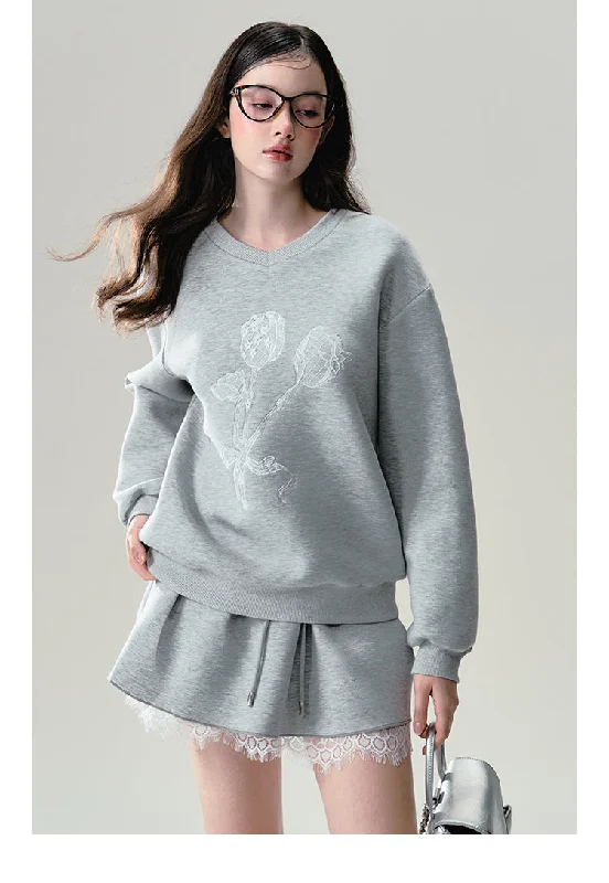 Floral Print Grey Lace Trim Sweatshirt Set-Up Hoodie with Slit Hem Functional Movement Floral Print Grey Lace Trim Sweatshirt Set-Up Hoodie with Slit Hem Functional Movement