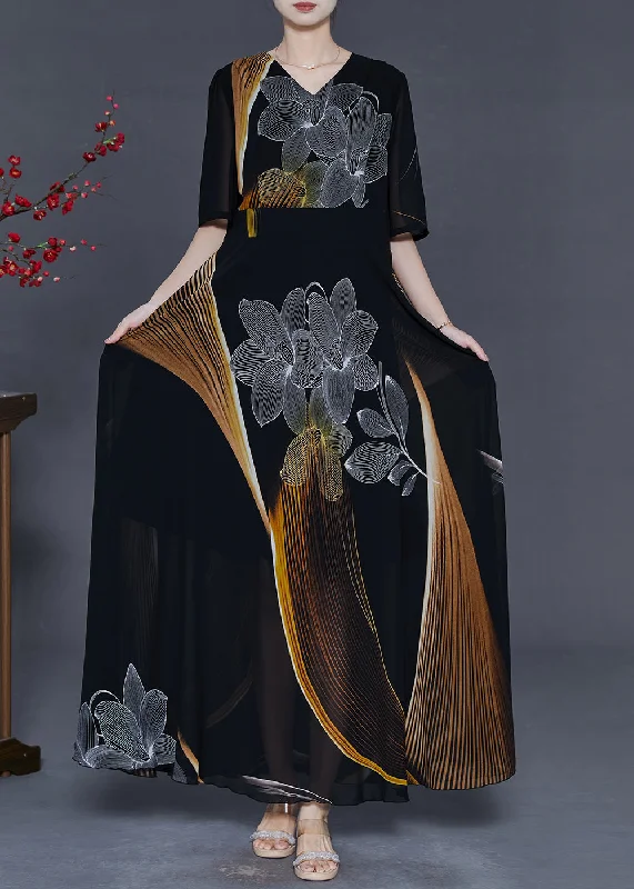 Women Black Print Chiffon Party Dresses Summer Tunics Distressed trendy