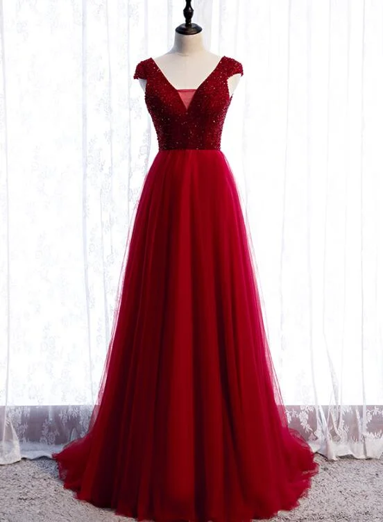 Red Tulle Cap Sleeves Long Party Dress, A-line Beaded Prom Dress Tunics Stylish elegant Red Tulle Cap Sleeves Long Party Dress, A-line Beaded Prom Dress Tunics Stylish elegant