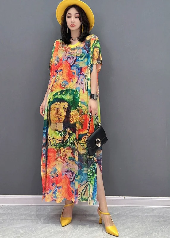 Fine O-Neck Print Side Open Chiffon Party Dress Short Sleeve Off-the-shoulder Chic Trendy Fine O-Neck Print Side Open Chiffon Party Dress Short Sleeve Off-the-shoulder Chic Trendy
