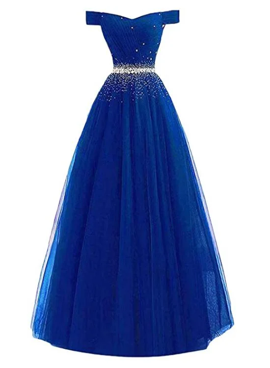 Fashionable Royal Blue Tulle Beaded Off Shoulder Prom Dress, Long Party Dress Boatneck Modish Everyday Fashionable Royal Blue Tulle Beaded Off Shoulder Prom Dress, Long Party Dress Boatneck Modish Everyday