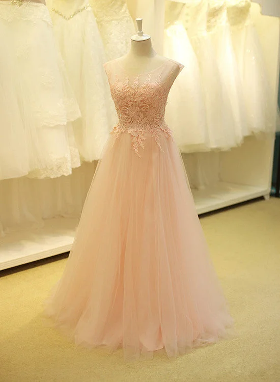 Pink Tulle Long Prom Dress with Applique 2019, Long Party Dresses A-Line Day Work