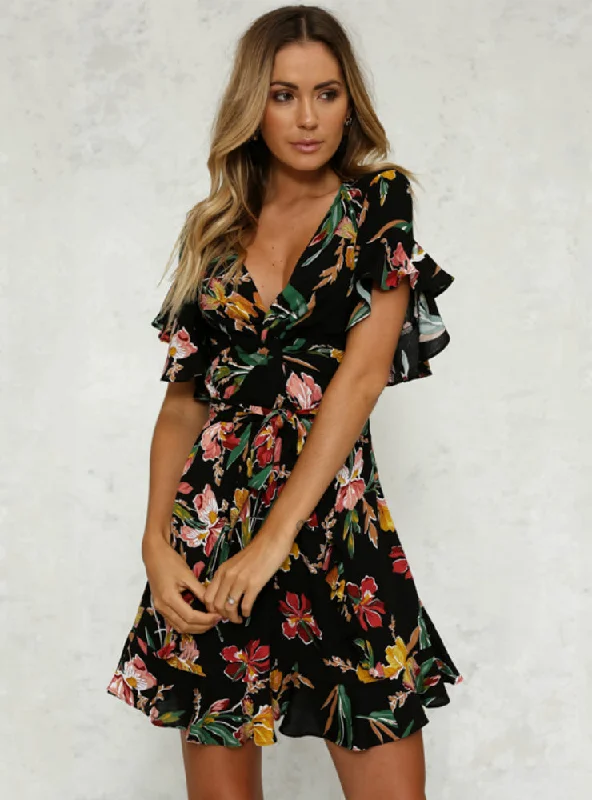 Deep V-Neck Black Flower Print Dresses Hem Folds Bohemian Casual Short Summer