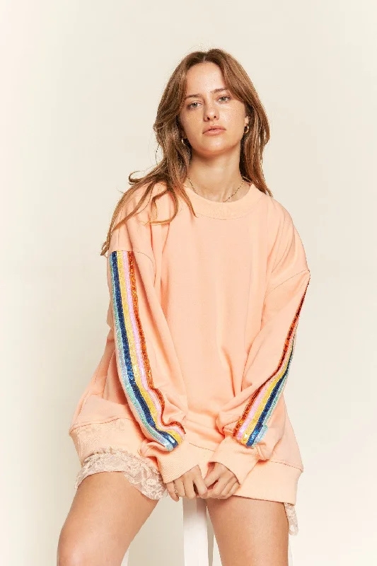 Jade by Jane Loose Fit Rainbow Sequined Sweatshirt Hoodie with Hem Raw Edge Edgy Unfinished Jade by Jane Loose Fit Rainbow Sequined Sweatshirt Hoodie with Hem Raw Edge Edgy Unfinished