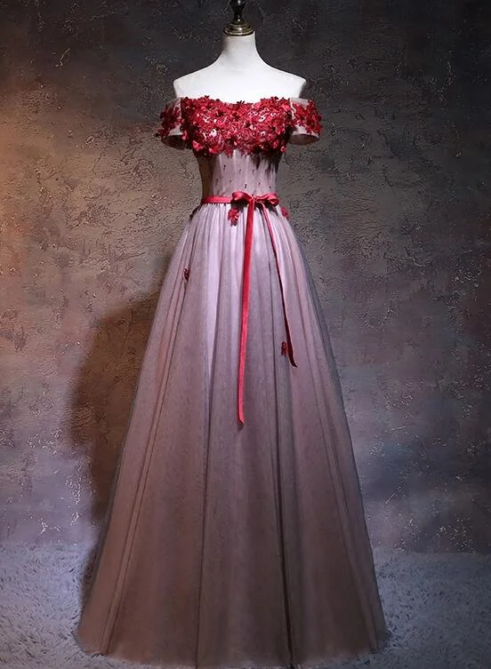 Unique Pink Tulle Off Shoulder Party Dress with Lace Applique, Pink Bridesmaid Dress Tunics Custom made Unique Pink Tulle Off Shoulder Party Dress with Lace Applique, Pink Bridesmaid Dress Tunics Custom made