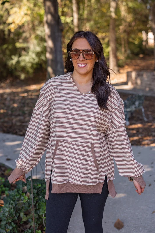 Striped Indulgence Brown Textured Hoodie Hoodie with Batwing Sleeves Loose Dramatic