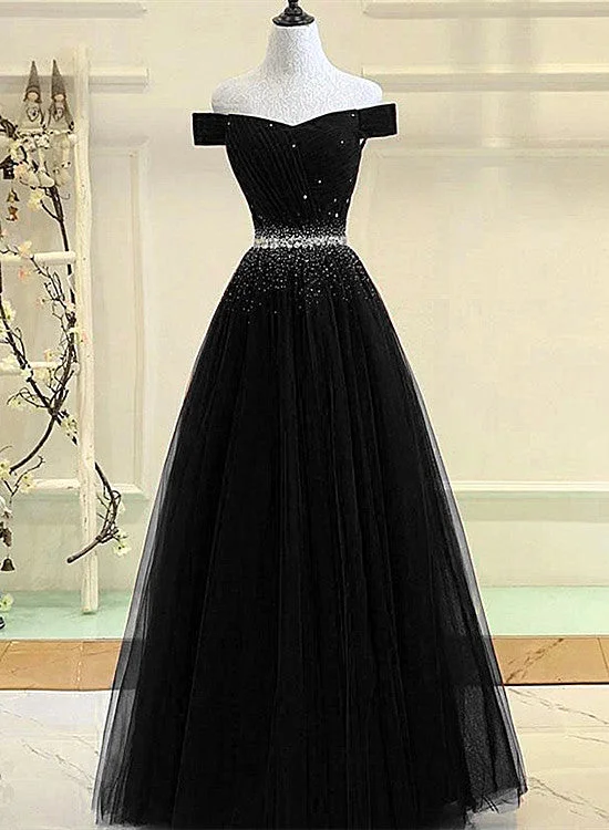 Black Tulle A-line Long Party Dress, Black Prom Dress Turtleneck Warm Winter