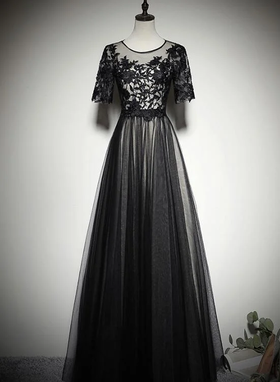 Beautiful Black Short Sleeves Lace and Tulle Long Prom Dress, Long Party Dress Tunics Handmade artisanal Beautiful Black Short Sleeves Lace and Tulle Long Prom Dress, Long Party Dress Tunics Handmade artisanal
