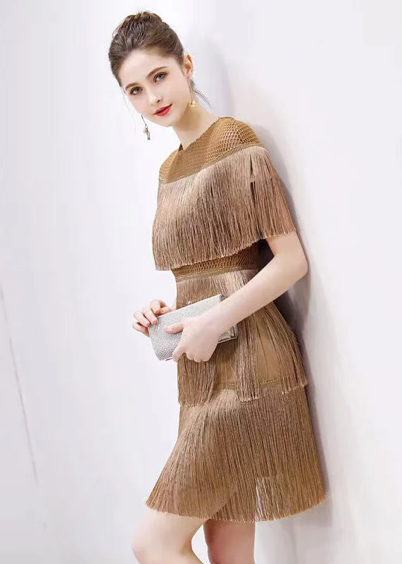 Boutique Elegant Gold Tasseled Hollow Out Party Dresses Summer Pencil Length Work