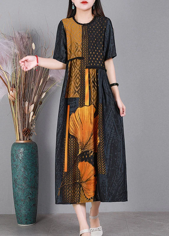 Classy Grey O-Neck Print Silk Party Dress Short Sleeve Crew Neckline Sporty