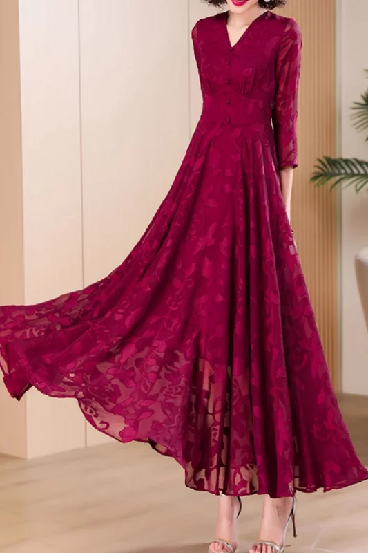 Burgundy maxi fit and flare long chiffon dress 5045 Tunics Timeless classic