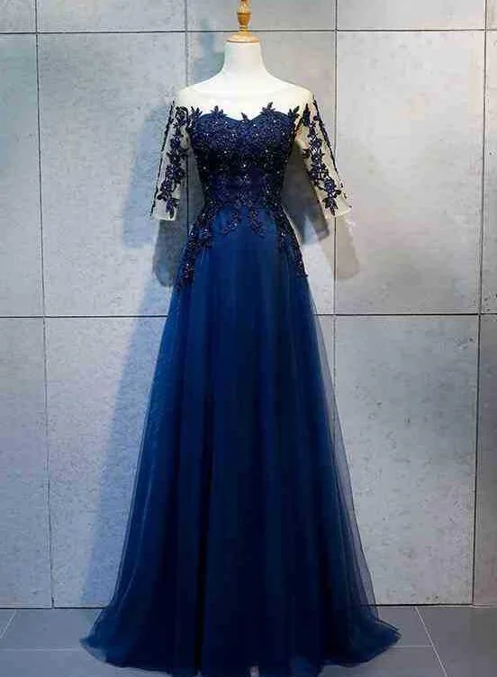 High Quality Navy Blue 1/2 Sleeves Tulle Party Dress, New Prom Dress Tunics New arrival High Quality Navy Blue 1/2 Sleeves Tulle Party Dress, New Prom Dress Tunics New arrival