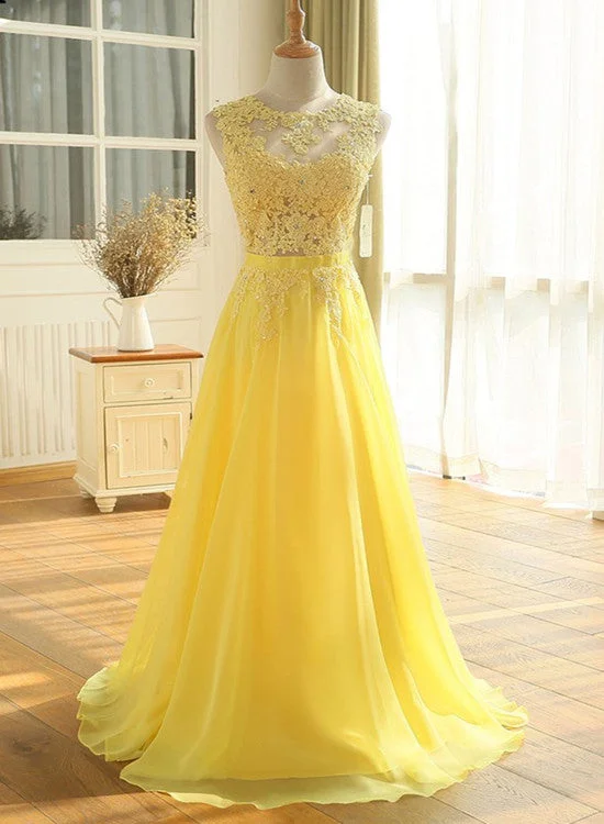 Beautiful Yellow Chiffon and Applique Long Party Dress, A-line Senior Prom Dress Turtleneck Neckline Stylish Beautiful Yellow Chiffon and Applique Long Party Dress, A-line Senior Prom Dress Turtleneck Neckline Stylish