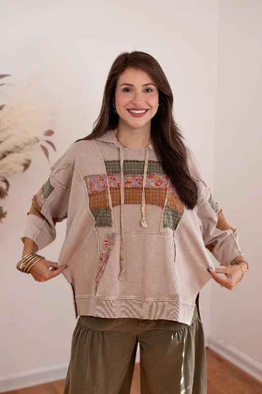 Patchwork Trends Washed Taupe Hoodie Hoodie with Neon Bright Vibrant