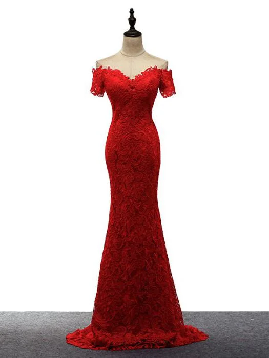 Red Lace Mermaid Long Wedding Party Dress, Off Shoulder Lace Bridesmaid Dress Tunics Spring floral Red Lace Mermaid Long Wedding Party Dress, Off Shoulder Lace Bridesmaid Dress Tunics Spring floral