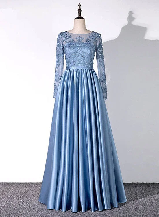 Blue Satin A-line Long Sleeves Party Dress, Blue Evening Gown Crew Neckline Casual