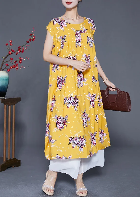 Beautiful Yellow Oversized Print Cotton Party Dress Summer Tunics Top rated