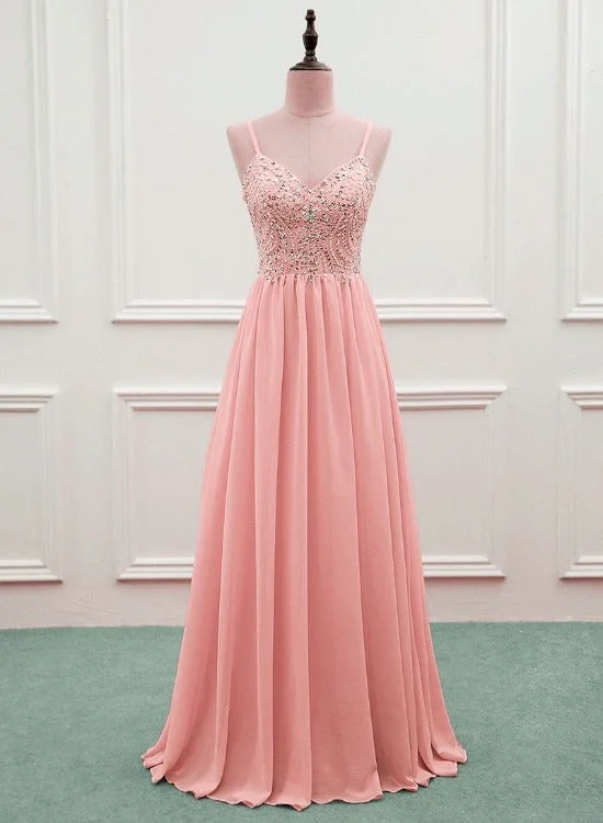 Pink Beaded Sweetheart Chiffon A-line New Prom Dress, Pink Evening Gown Wedding Party Dress sweetheart Neckline Romantic Pink Beaded Sweetheart Chiffon A-line New Prom Dress, Pink Evening Gown Wedding Party Dress sweetheart Neckline Romantic