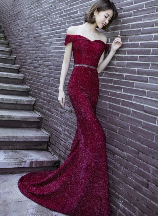 Sexy Dark Red Mermaid Off Shoulder New Party Dress , Long Formal Gowns Tunics Short Trendy Sexy Dark Red Mermaid Off Shoulder New Party Dress , Long Formal Gowns Tunics Short Trendy