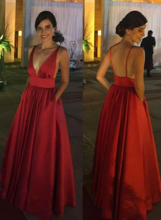 Dark Red Satin V Neck Backless Long Prom Dresses, Sexy Low Back Wedding Party Dress Evening Dress Tunics Corduroy durable