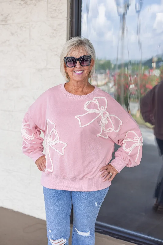 Bow Tie Perfection Pink Sweatshirt Hoodie with Hem Drawcord Adjustable Customizable
