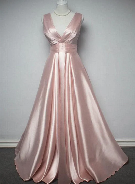 Charming Pink Satin V-neckline Long Party Dress, New Prom Dress Tunics Long Elegant