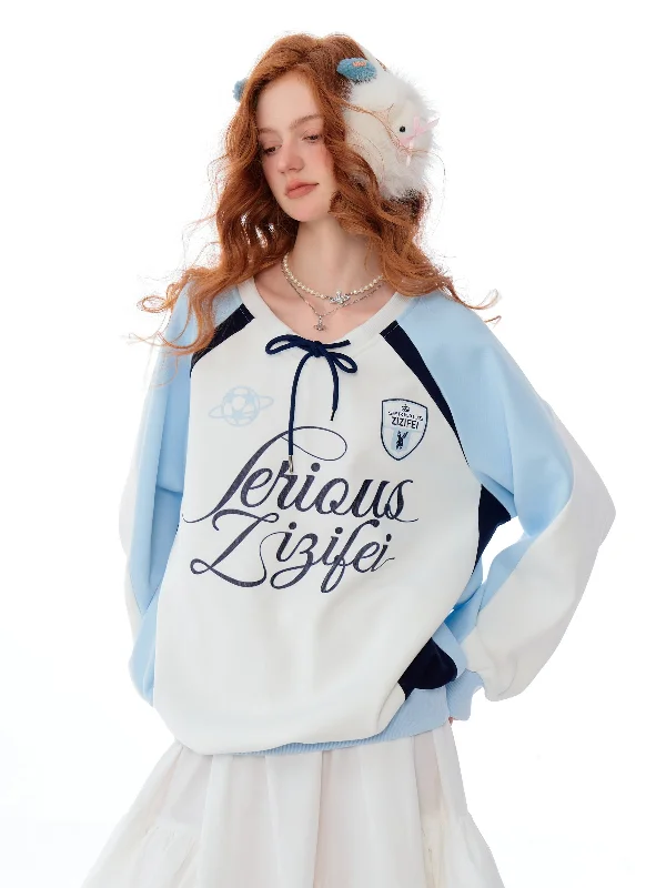 Varsity Letter Raglan Sweatshirt Hoodie with Half-Zip Sporty Casual