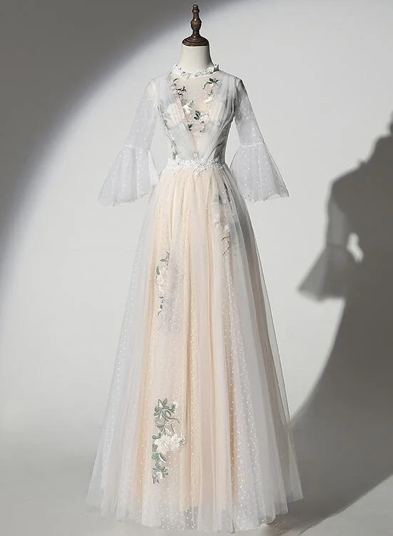 Lovely Tulle Champagne Long Party Dress with Lace Applique, Prom Gown Tunics Stylish modern Lovely Tulle Champagne Long Party Dress with Lace Applique, Prom Gown Tunics Stylish modern