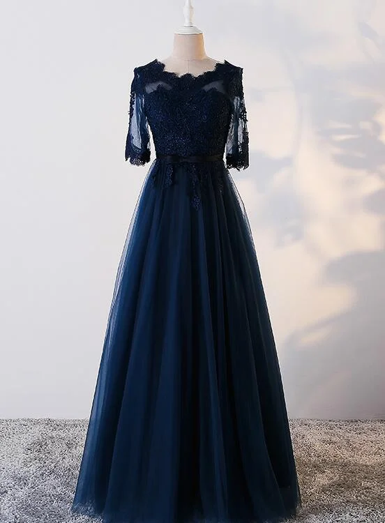 Charming Navy Blue Tulle Long Party Dress , Blue Prom Dress Tunics Vintage classic