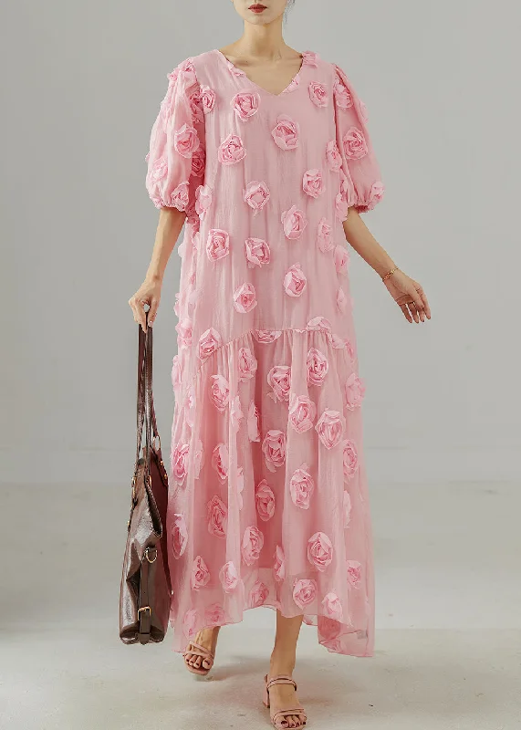 Beautiful Pink Oversized Stereoscopic Floral Cotton Party Dress Summer Tunics Cozy comfortable Beautiful Pink Oversized Stereoscopic Floral Cotton Party Dress Summer Tunics Cozy comfortable