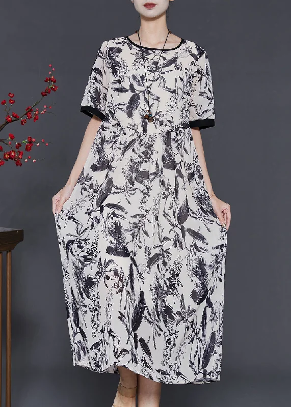 Women White Print Chiffon Party Dress Summer Tunics Brand named
